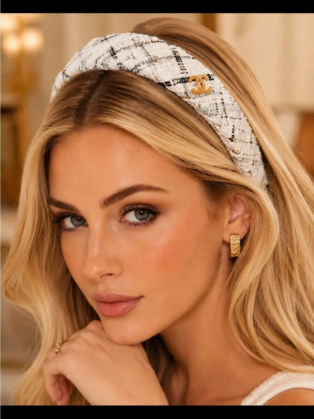 FASHION Set of 2  White  and Pink Tweed Padded Headband with Gold Accent